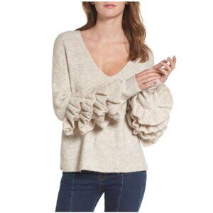 BP Ruffle Sleeve Beige Tan V-Neck Sweater, Oversized, XL